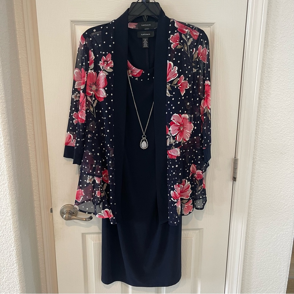 R & M Richards Womens Floral Jacket Dress With Removable Necklace